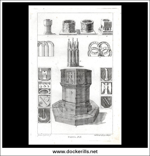 Architecture, Fonts. Antique Print, Copper Plate Engraving 1787.