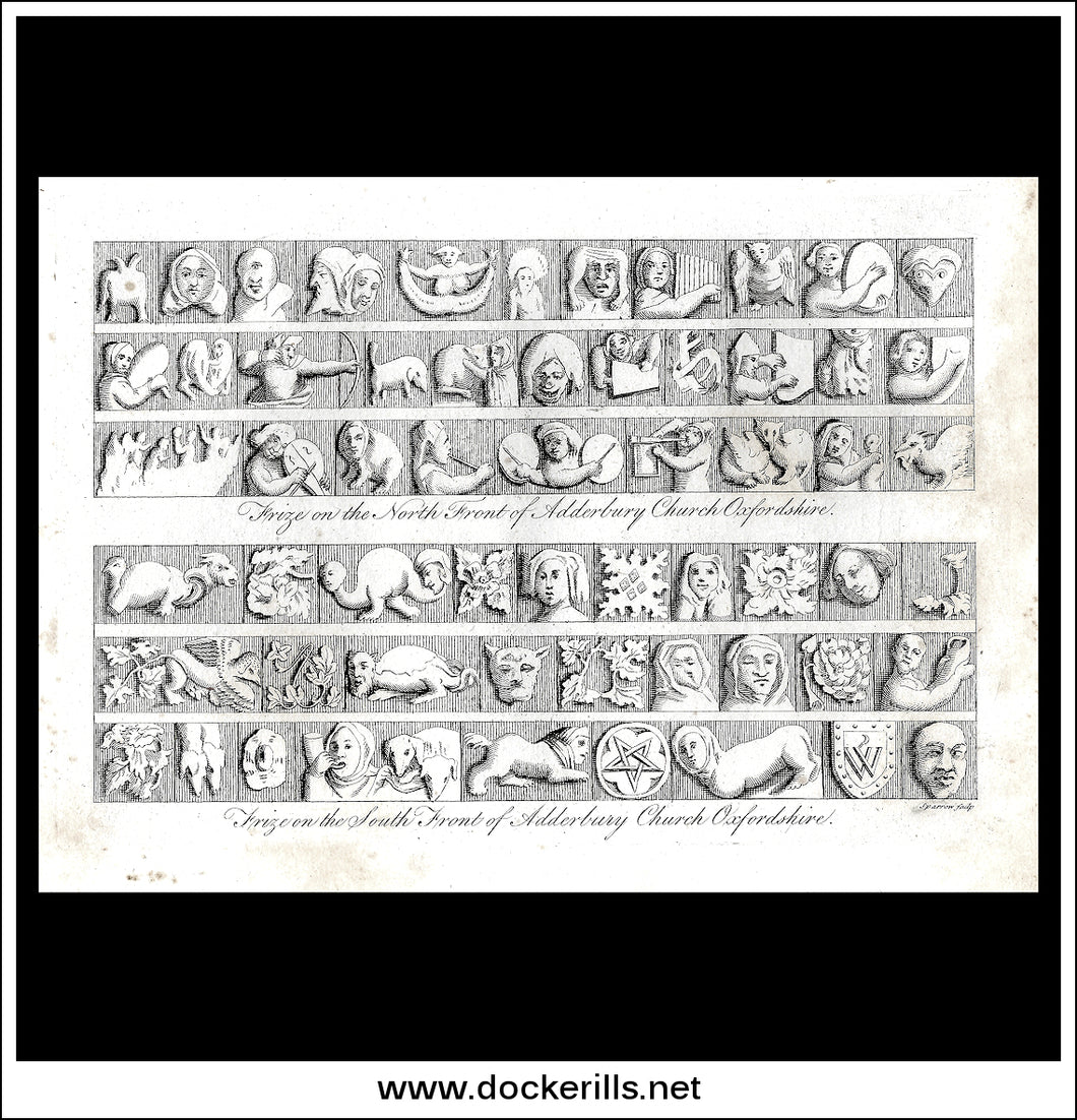 Frieze On The North & South Fronts of Adderbury Church, Oxfordshire. Antique Print, Copper Plate Engraving c. 1780.