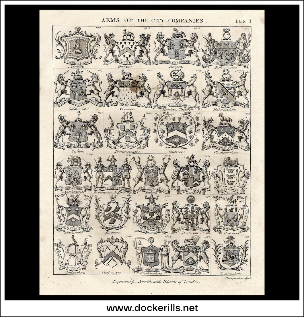 Arms Of The City Companies. Antique Print, Copper Plate Engraving Plate I