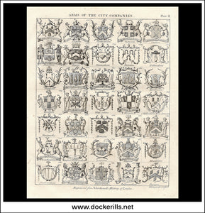 Arms Of The City Companies. Antique Print, Copper Plate Engraving Plate II