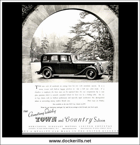 Armstrong Siddeley Town And County Saloon. Original Vintage Advert From April 21st, 1937.