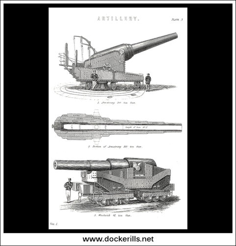 Artillery. Armstrong 100 Ton & Woolwich 81 Ton Guns. Antique Print, Lithograph c. 1875.