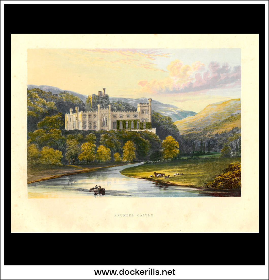 Arundel Castle, Near Arundel, Sussex, England. Antique Print, Chromoxylograph 1880.