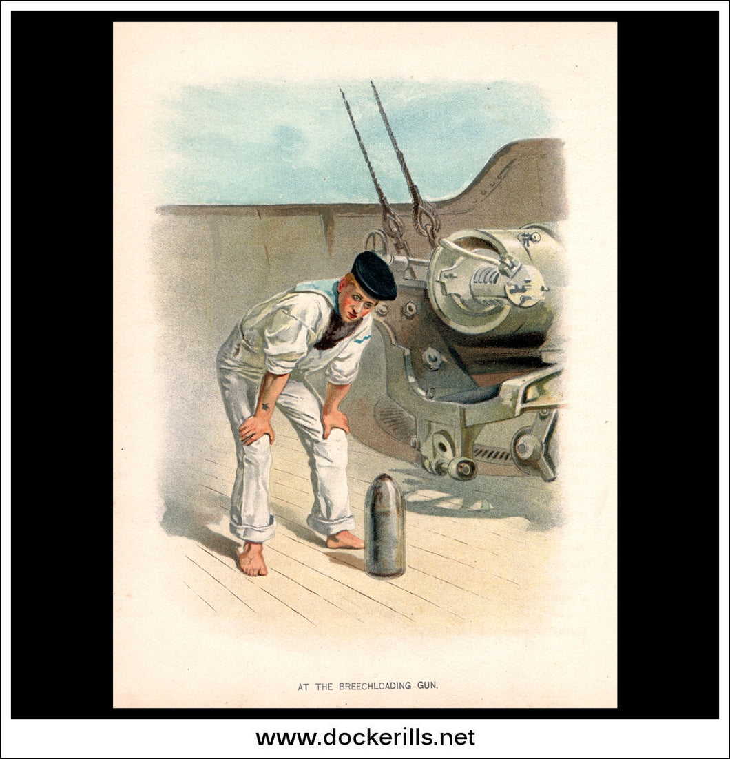 At The Breechloading Gun, Her Majesty's Navy. Antique Print c. 1890.