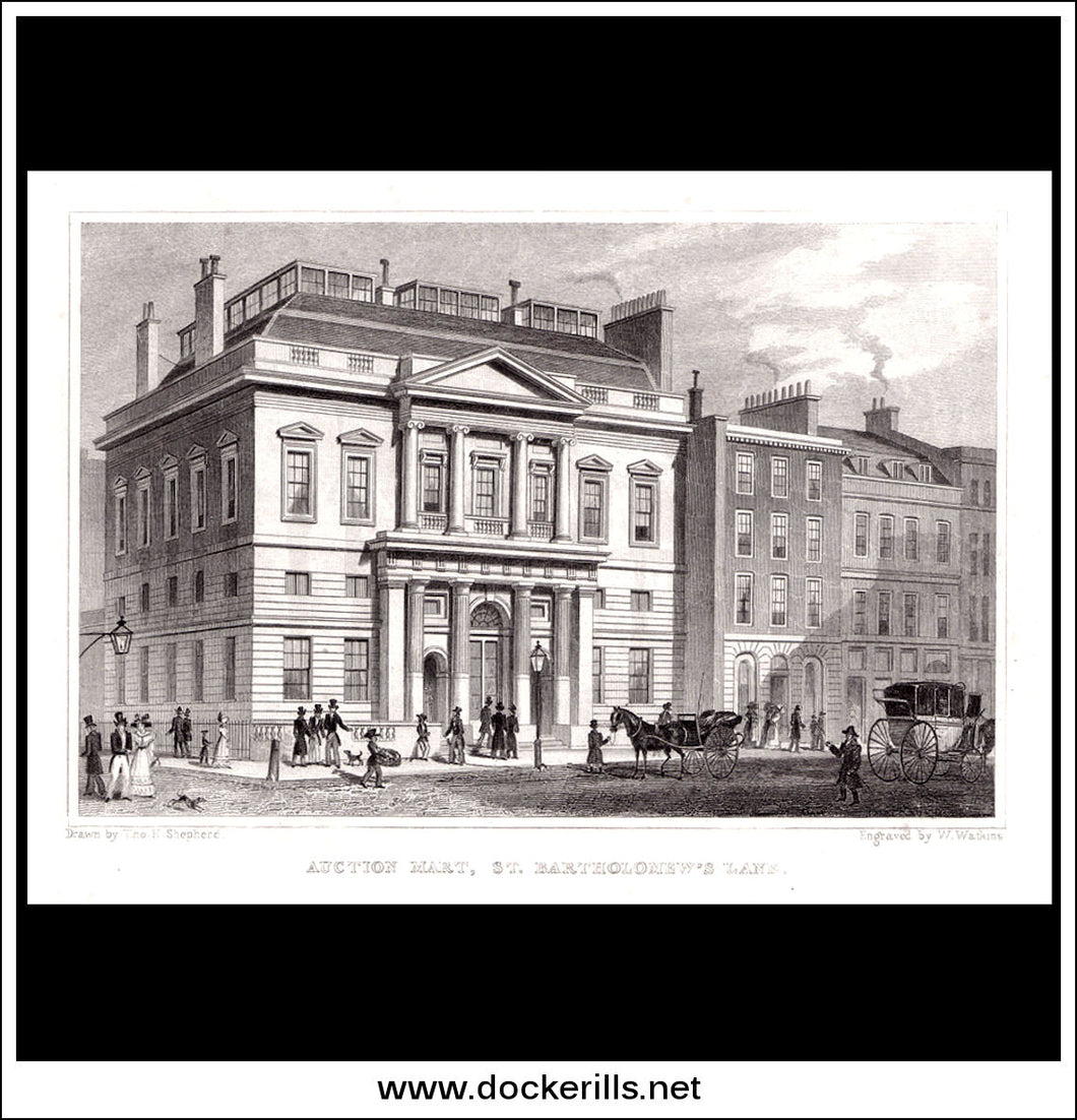 Auction Mart, St. Bartholomew's Lane, London, Middlesex. Antique Print, Steel Engraving 1829.