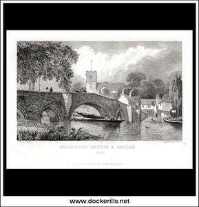 Aylesford Church & Bridge, Kent, England. Antique Print, Steel Engraving 1829.