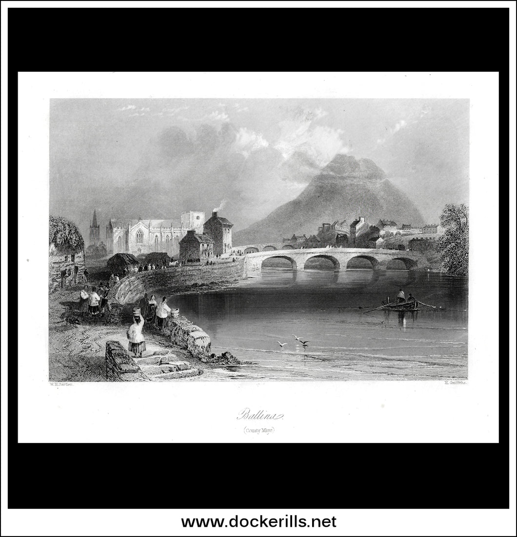 Ballina, Co. Mayo, Ireland. Antique Print, Steel Engraving c. 1840.
