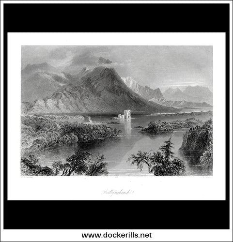 Ballynahinch (Lake & Castle), Co. Galway, Ireland. Antique Print, Steel Engraving c. 1840.