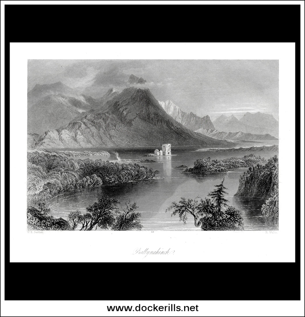 Ballynahinch (Lake & Castle), Co. Galway, Ireland. Antique Print, Steel Engraving c. 1840.