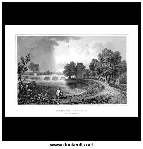 Antique Print Bangor Iscoed, Flintshire, Wales. Steel Engraving c. 1830.