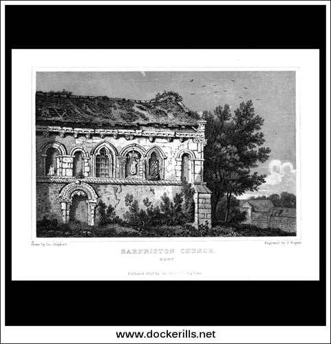 Barfriston Church, Kent, England. Antique Print, Steel Engraving 1829.
