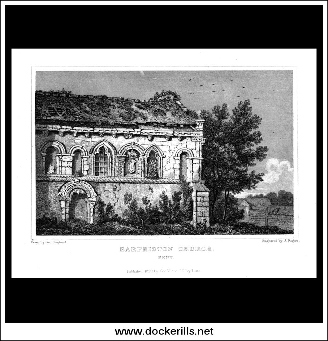 Barfriston Church, Kent, England. Antique Print, Steel Engraving 1829.