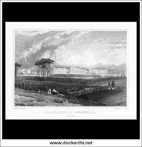 Barracks At Woolwich, Kent, England. Antique Print, Steel Engraving 1829.