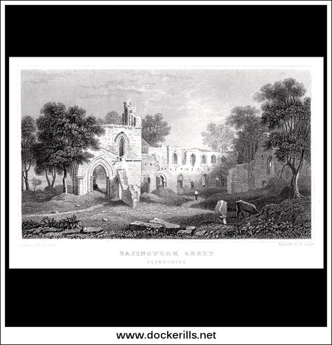 Basingwerk Abbey, Flintshire, Wales. Antique Print, Steel Engraving c. 1830.