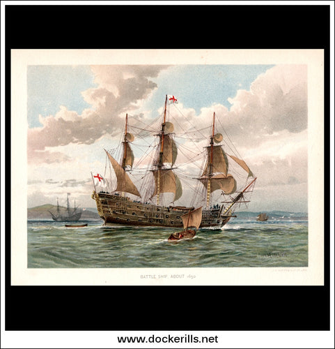 Battle Ship About 1650, Her Majesty's Navy. Antique Print c. 1870.