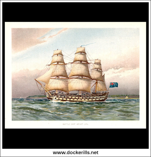 Battle Ship About 1760, Her Majesty's Navy. Antique Print c. 1870.