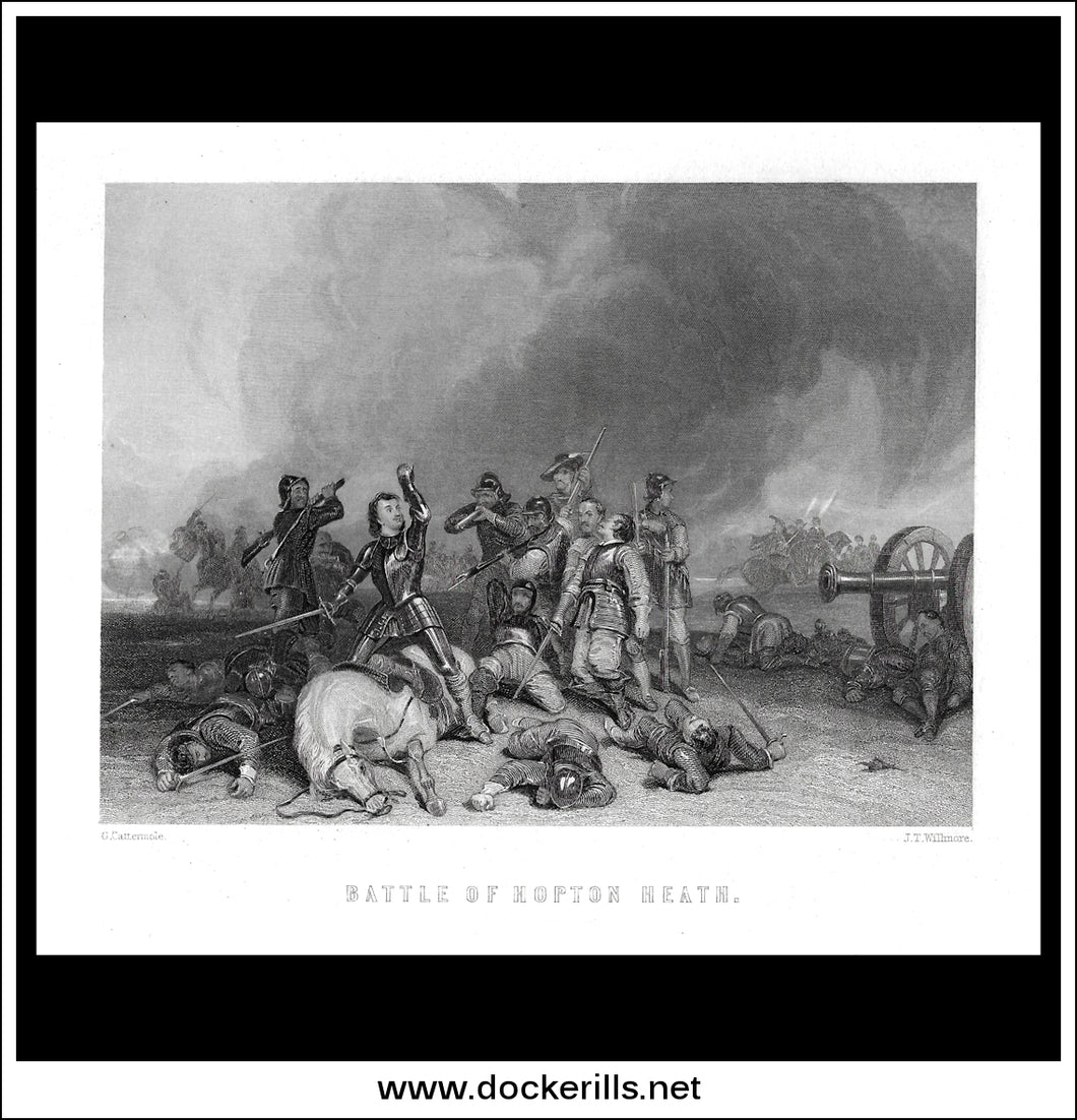 Battle Of Hopton Heath, English Civil War. Antique Print, Steel Engraving c. 1870.