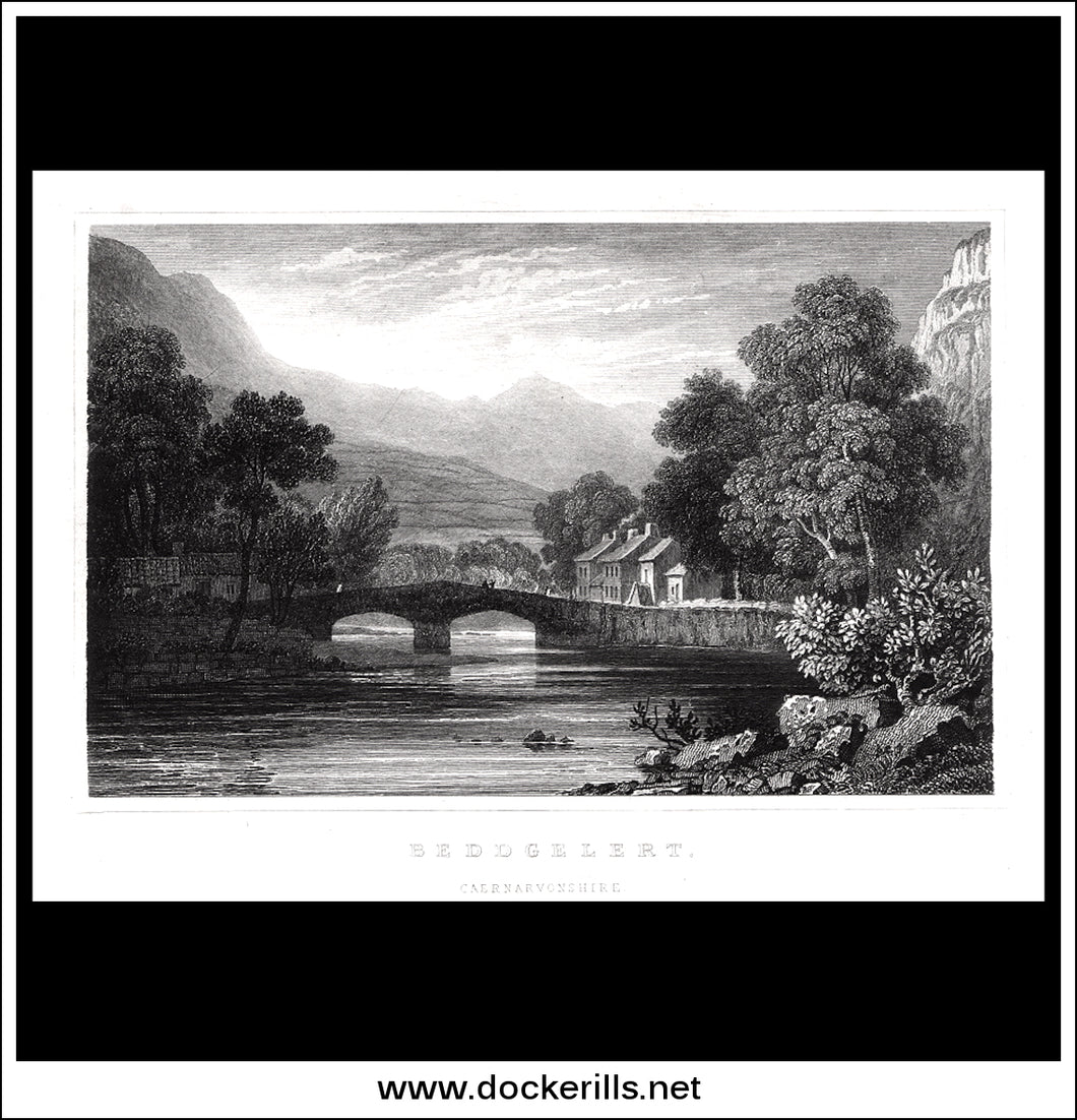 Beddgelert, Caernarvonshire, Wales. Antique Print, Steel Engraving c. 1830.