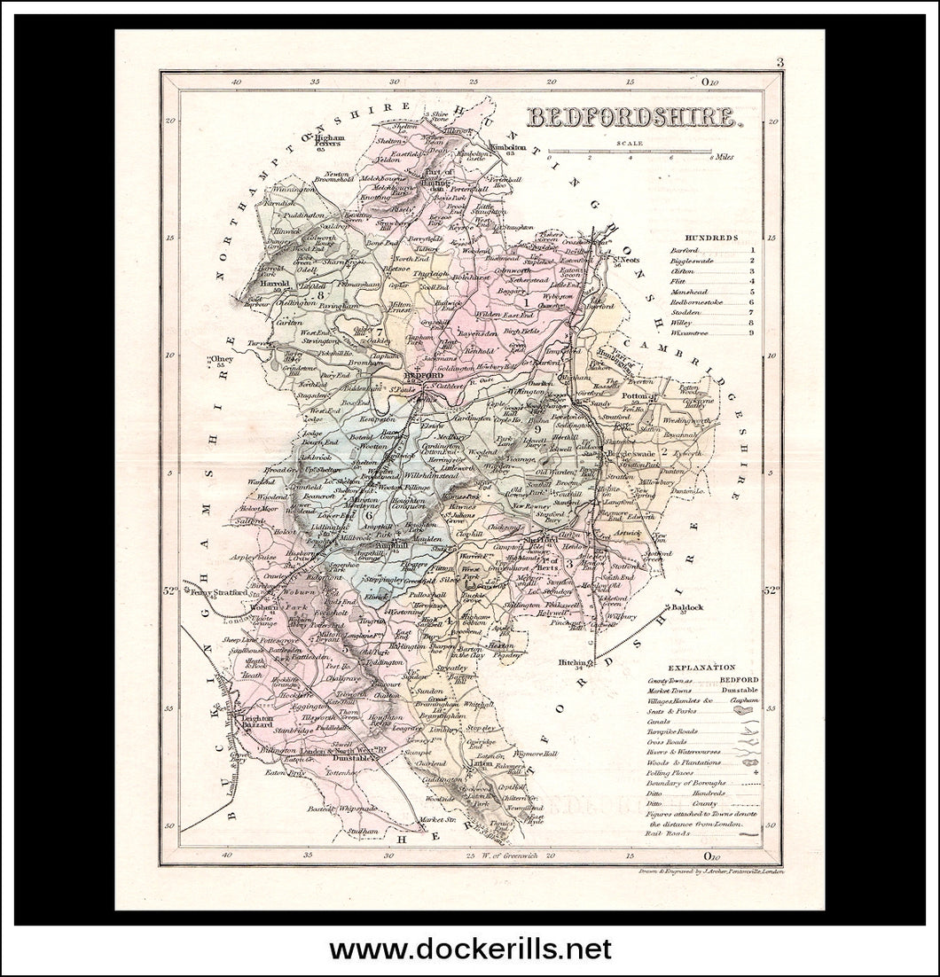 Map Of Bedfordshire, England. Antique Print, Steel Engraving c. 1846.