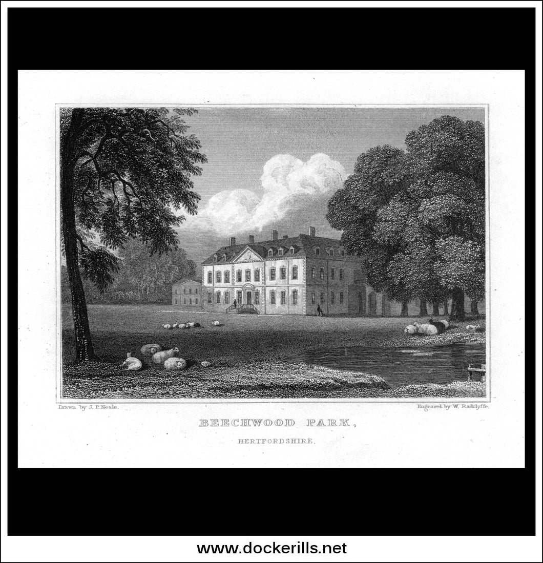 Beechwood Park, Hertfordshire, England. Antique Print, Steel Engraving c. 1830.