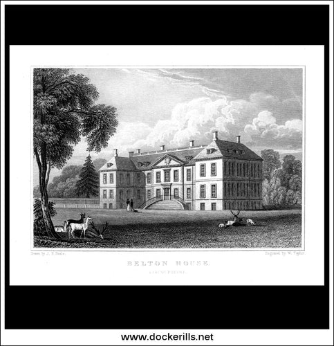 Belton Hall, Lincolnshire, England. Antique Print, Steel Engraving c. 1830.
