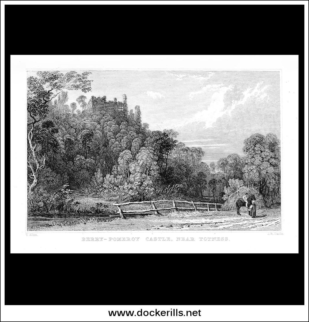 Berry-Pomeroy Castle, Near Totnes, Devonshire, England. Antique Print, Steel Engraving c. 1830.