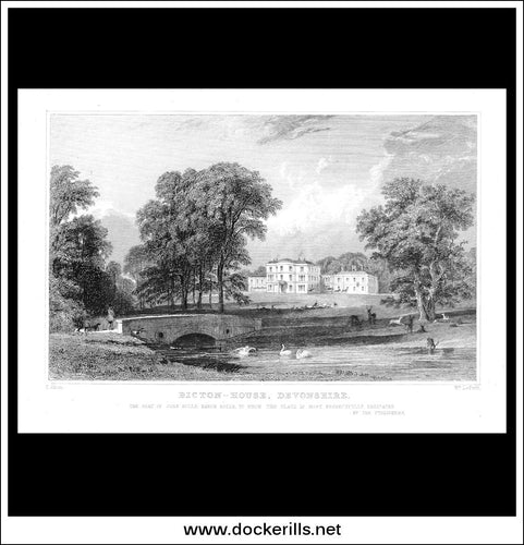 Bicton House, Devonshire, England. Antique Print, Steel Engraving c. 1830.