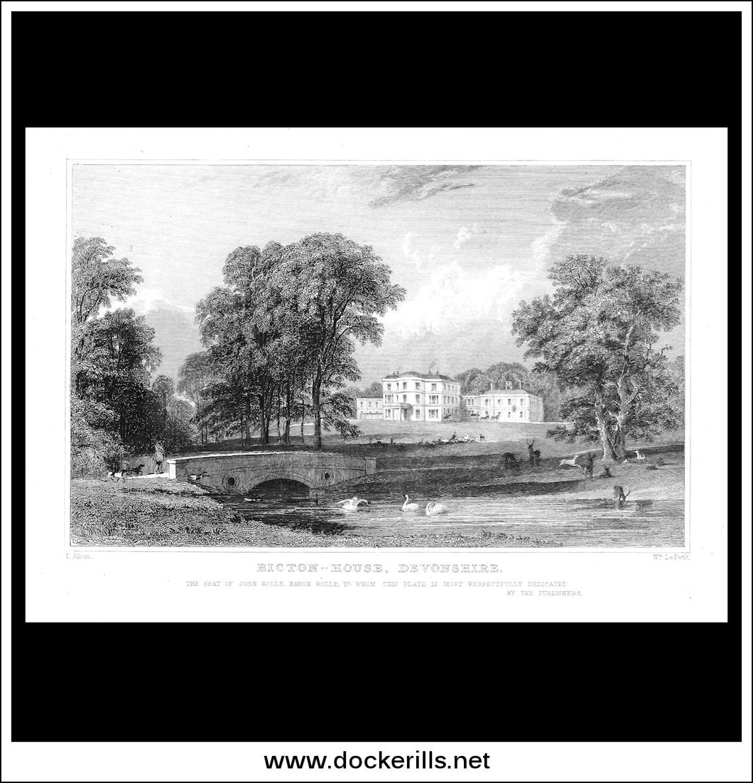 Bicton House, Devonshire, England. Antique Print, Steel Engraving c. 1830.
