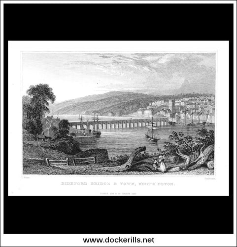 Bideford Bridge & Town, North Devon, Devonshire, England. Antique Print, Steel Engraving 1830.