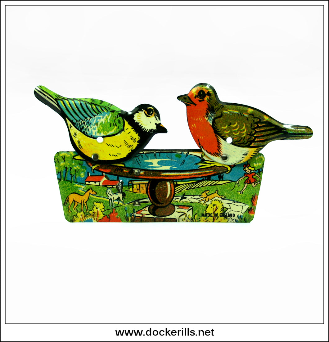 Birds And Bird Bath, Animated Clicker Toy. Novelty Tin Plate Toy, England.
