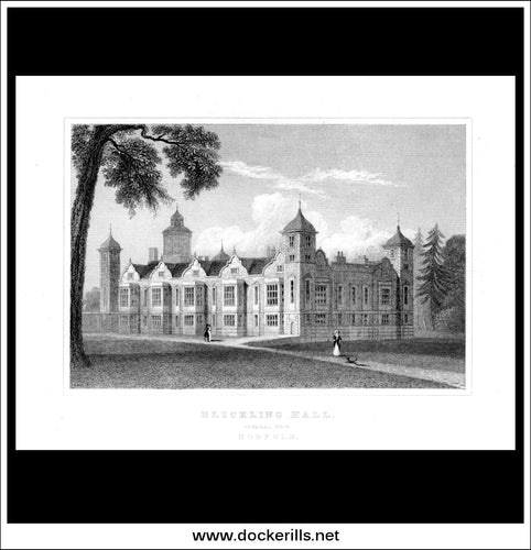 Blickling Hall, General View, Norfolk, England. Antique Print, Steel Engraving c. 1830.