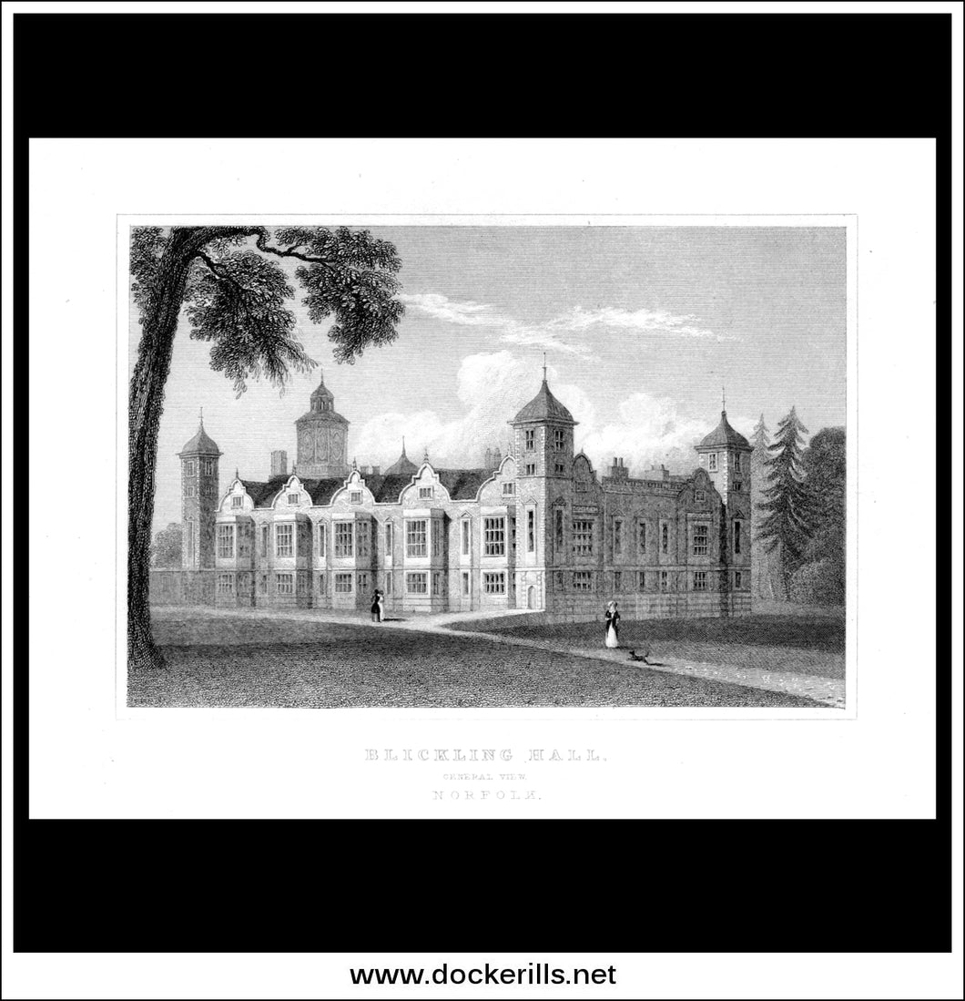 Blickling Hall, General View, Norfolk, England. Antique Print, Steel Engraving c. 1830.