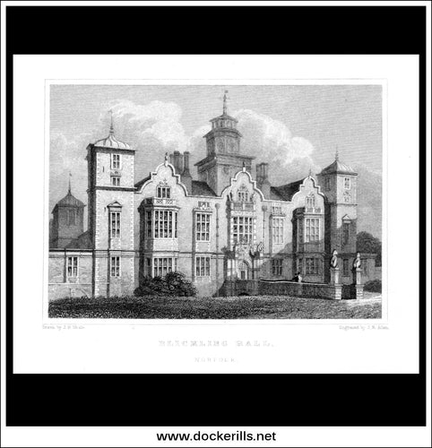 Blickling Hall, Norfolk, England. Antique Print, Steel Engraving c. 1830.