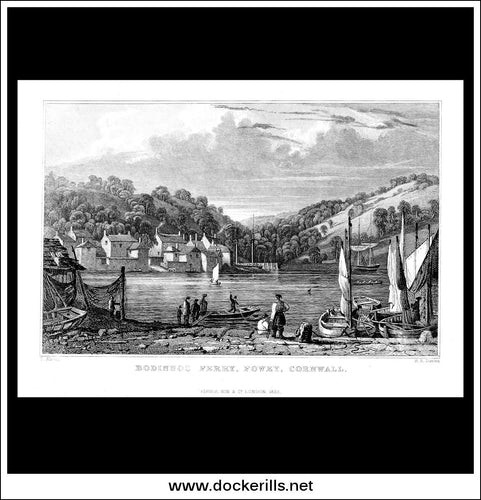 Antique Print Bodinnoc Ferry, Fowey, Cornwall, England. Steel Engraving c. 1830.