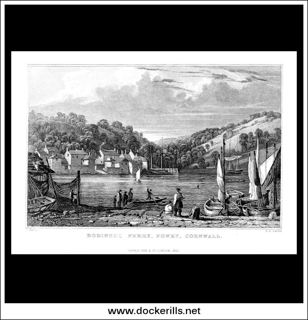 Antique Print Bodinnoc Ferry, Fowey, Cornwall, England. Steel Engraving c. 1830.