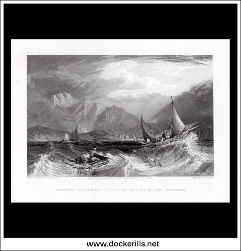 Bombay Harbour, Fishing Boats In The Monsoon, India. Antique Print, Steel Engraving 1844.