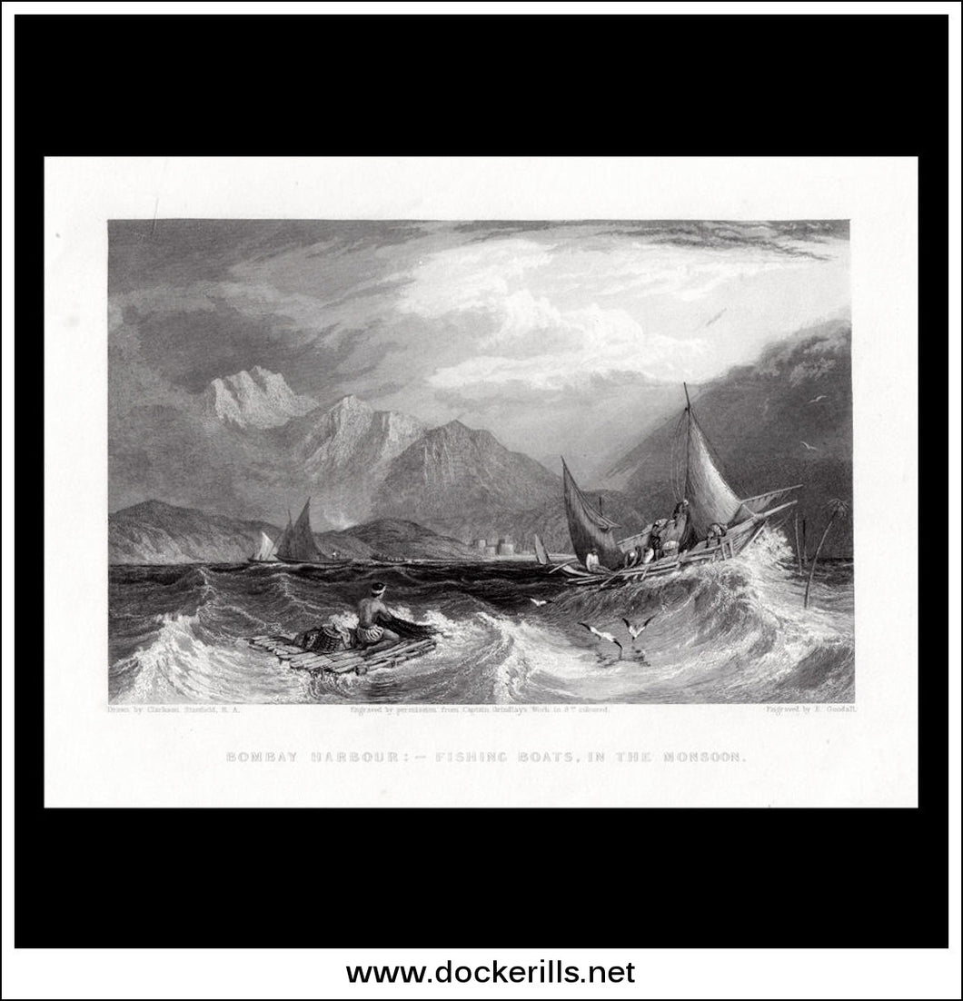 Bombay Harbour, Fishing Boats In The Monsoon, India. Antique Print, Steel Engraving 1844.