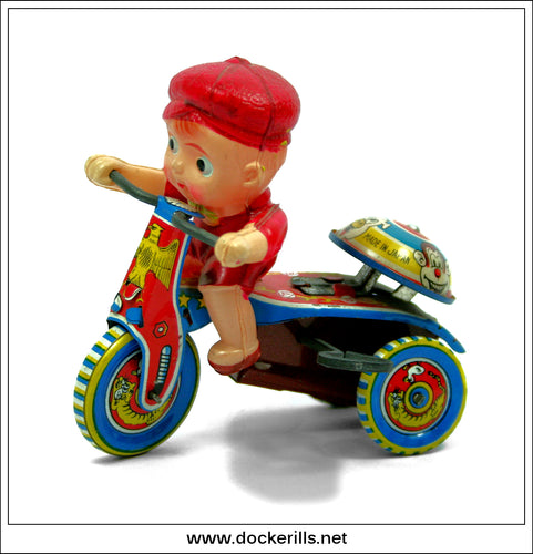 Boy On Tricycle, Vintage Tin Plate Clockwork / Wind-Up Novelty Toy, Japan 1.