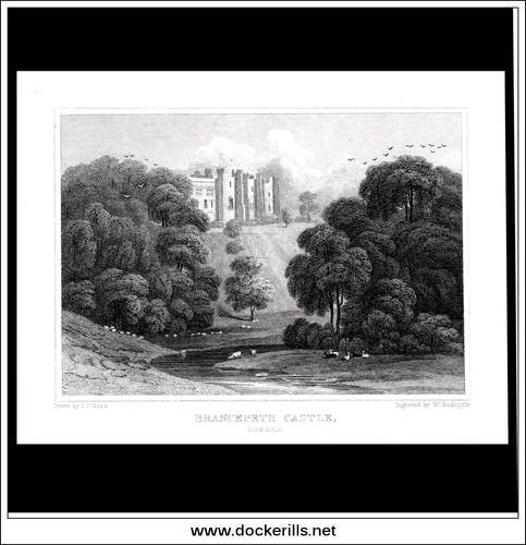 Brancepeth Castle, County Durham, England. Antique Print, Steel Engraving c. 1830.