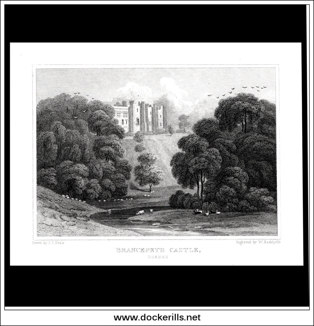 Brancepeth Castle, County Durham, England. Antique Print, Steel Engraving c. 1830.