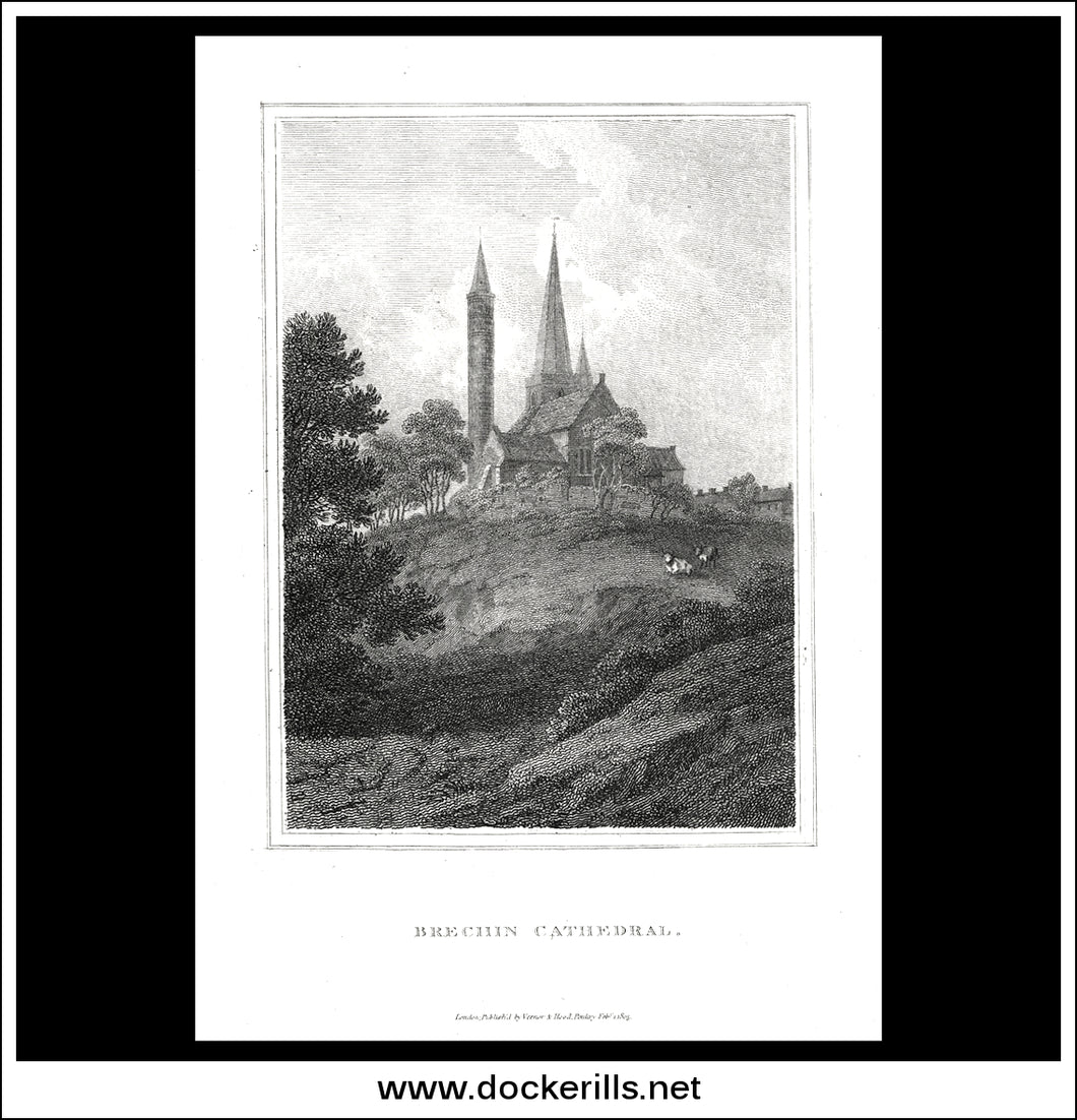 Brechin Cathedral, Angushire, Scotland. Antique Print, Copper Plate Engraving 1805.