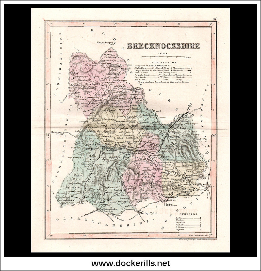 Map Of Brecknockshire / Breconshire, Wales. Antique Print, Steel Engraving c. 1846.