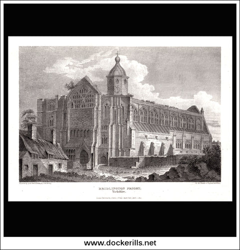 Bridlington Priory, Yorkshire, England. Antique Print, Copper Plate Engraving 1812.