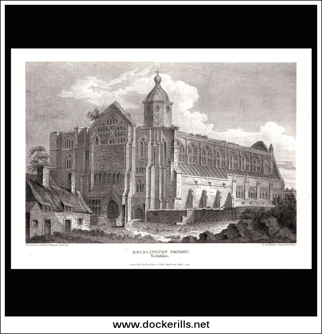 Bridlington Priory, Yorkshire, England. Antique Print, Copper Plate Engraving 1812.