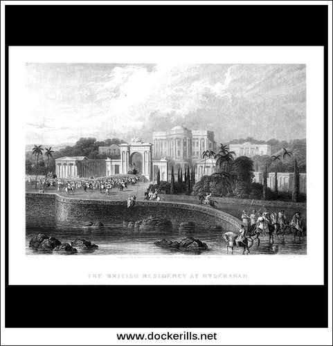 The British Residency At Hyderabad, India. Antique Print, Steel Engraving 1844.