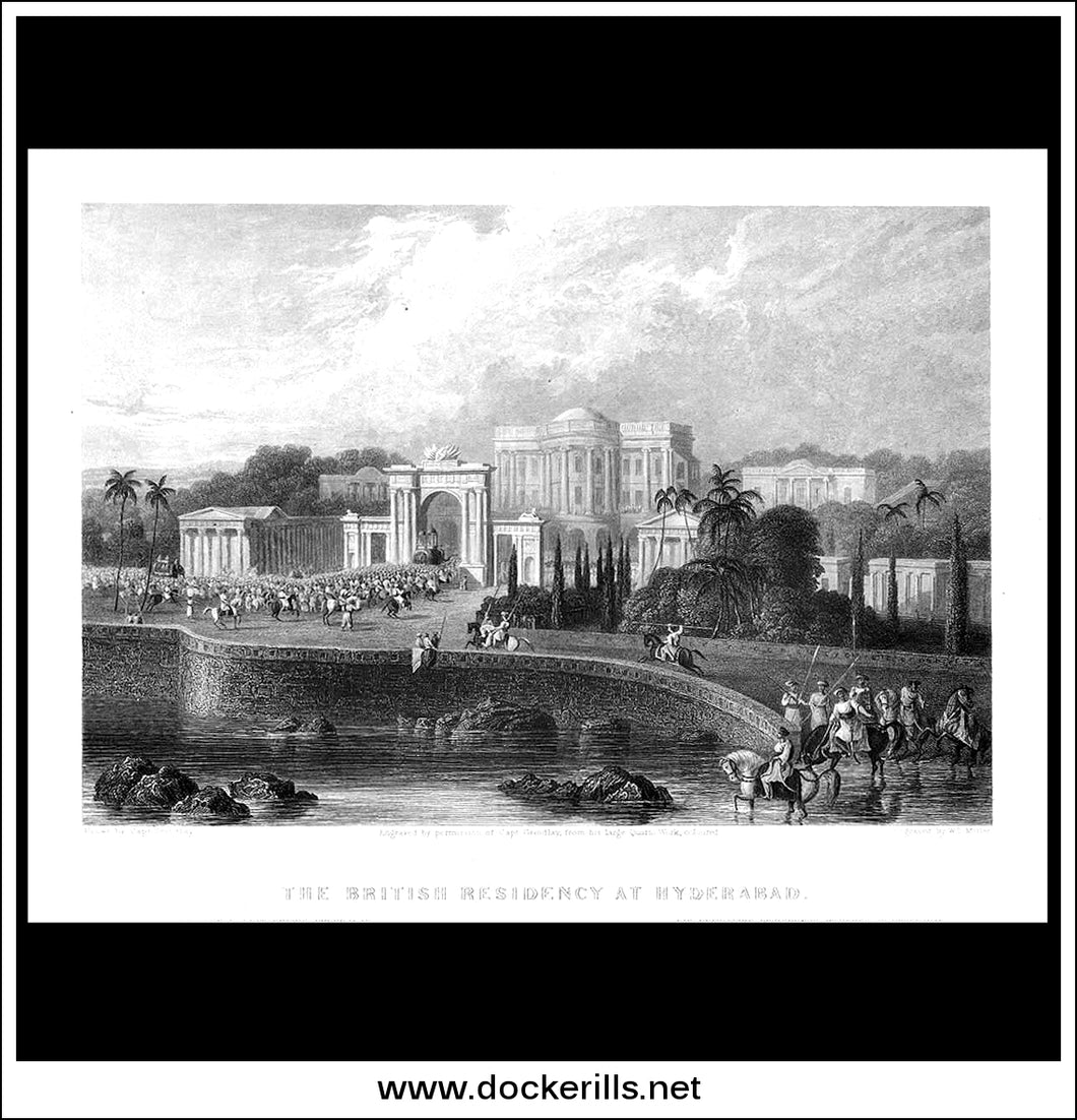 The British Residency At Hyderabad, India. Antique Print, Steel Engraving 1844.
