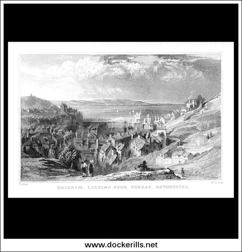 Brixham, Looking Over Torbay, Devonshire, England. Antique Print, Steel Engraving c. 1830.