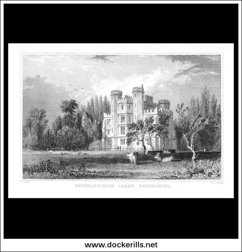 Buckfastleigh Abbey, Devonshire, England. Antique Print, Steel Engraving c. 1830.