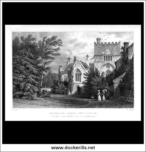 Buckland Abbey, Devonshire, England. Antique Print, Steel Engraving c. 1830.