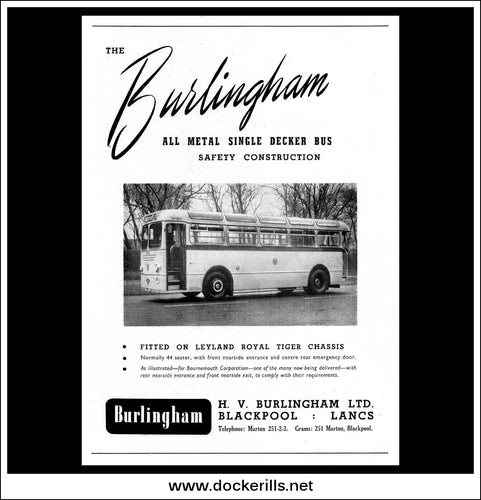 Burlingham Single Decker Bus. Original Vintage Advert From February, 1954.